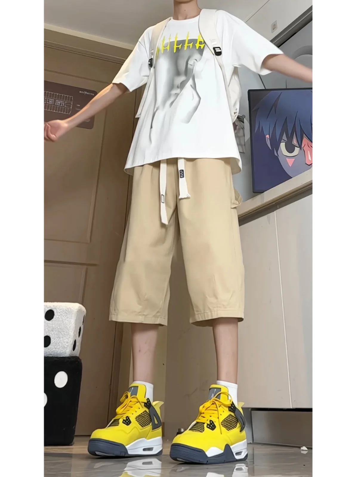 

Мужские свободные брюки-капри цвета хаки, летние повседневные рабочие шорты, свободный крой в стиле Lazy Style, молодежные, прямые штанины, немнущиеся