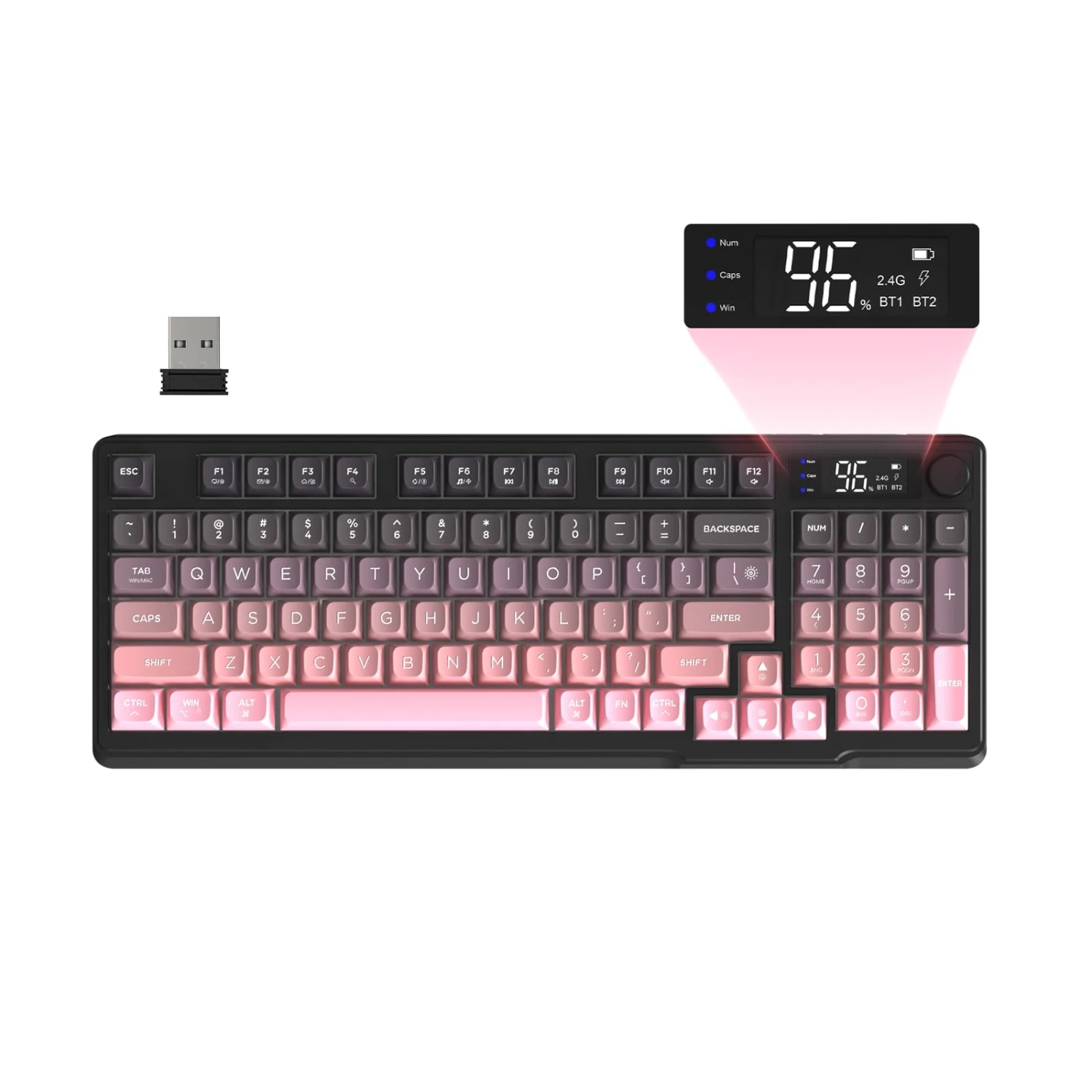 Freewolf M96 Wireless Gaming Keyboard, Knob Control BT/2.4g, RGB LED Backlight Display, Pbt Keycap, 3000mah Battery, Us Layout image 3