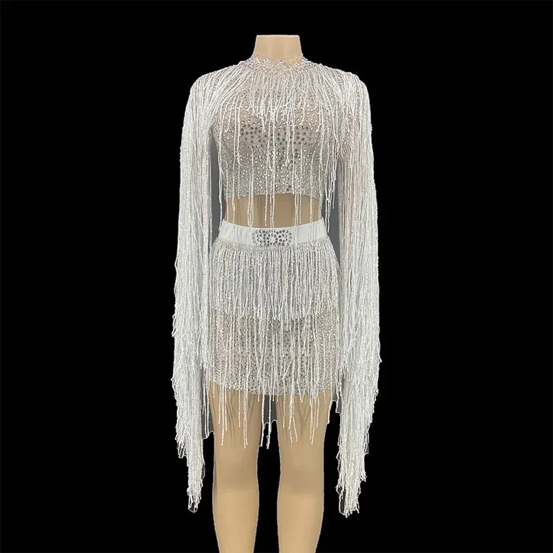

ZD Elegant White Tassel Mini Dress with Rhinestones Sexy One Shoulder Fringe Outfit Female Singer Performance Stage Wear