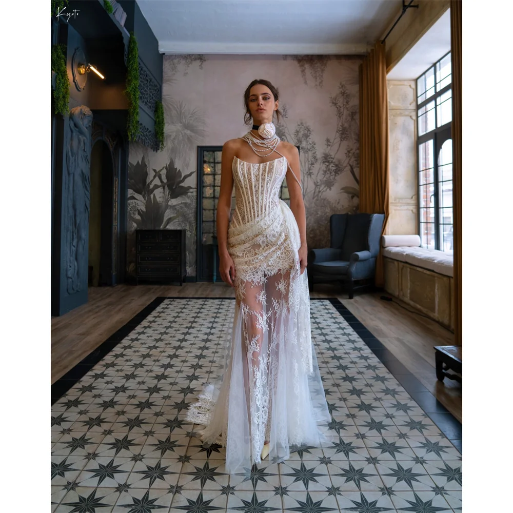 งดงามเกียวโตชุดแต่งงานปิดไหล่ลูกไม้A Ppliquesเปลือกที่ถอดออกได้รถไฟอย่างเป็นทางการวินเทจชุดVestidos Para Grados