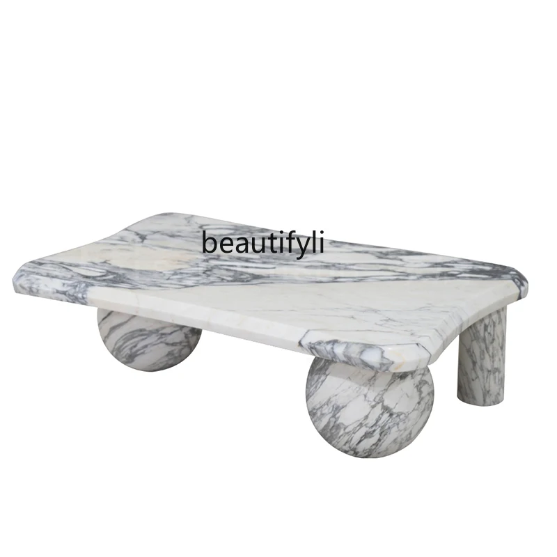 Marble coffee table with large white color, Nordic marble   in the living room, small apartment simple household coffee table