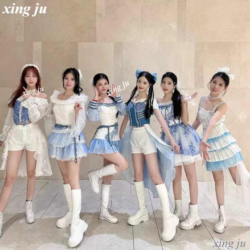 Kpop Damska Grupa Letnia Nowa Impreza Biała Słodka Bez Ramiączek Księżniczka Krótka Sukienka Jazz Dance Show Kostiumy Sceniczne Wakacje Rave Wear