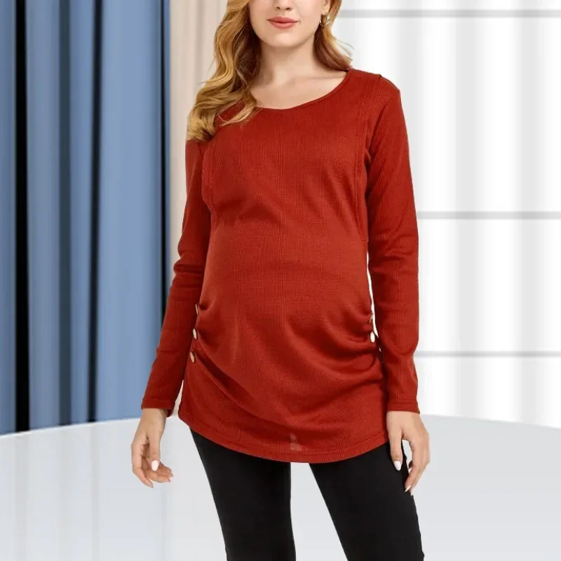 قاعدة ناعمة ومريحة للرضاعة الطبيعية للنساء الحوامل، لون أحمر خمري، رقبة مستديرة، تي شيرت عالي الجودة بأكمام طويلة #3