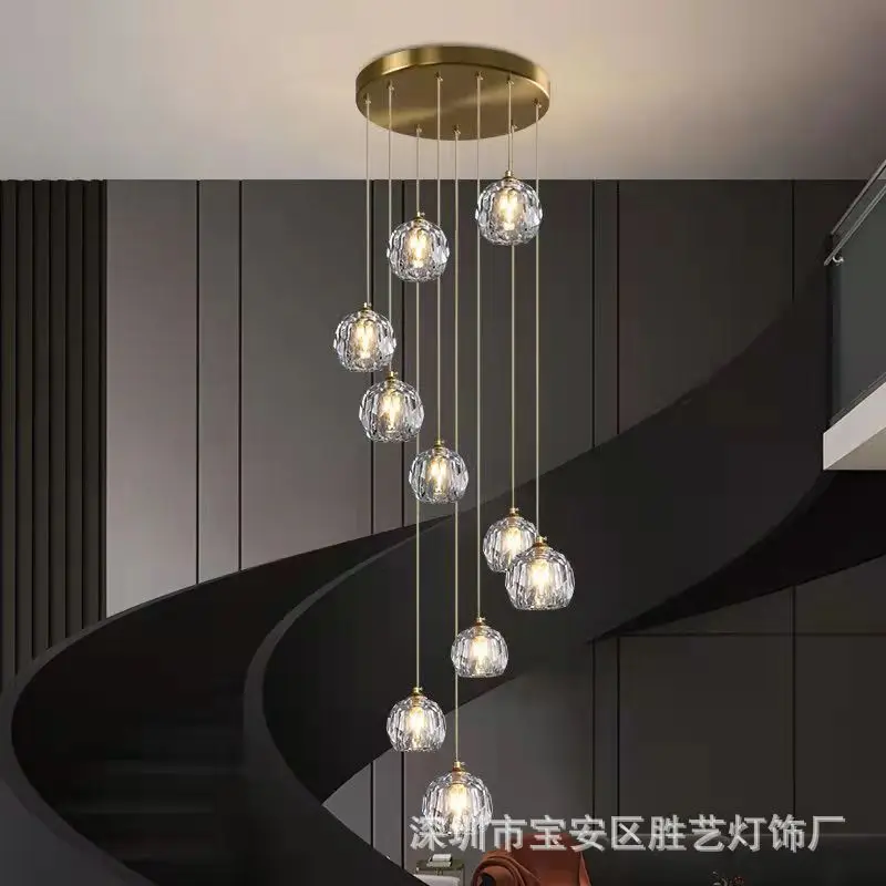 

Copper Staircase Long Chandelier Modern Minimalist Duplex Villa Loft Apartment Rotating Staircase Light Luxury Crystal Lamp