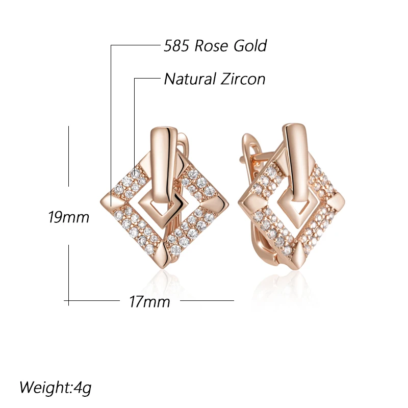 Kinel Hot 585 Rose Gold Color Square English Earrings for Women Fashion Natural Zircon Accessories Daily Fine Vintage Jewelry