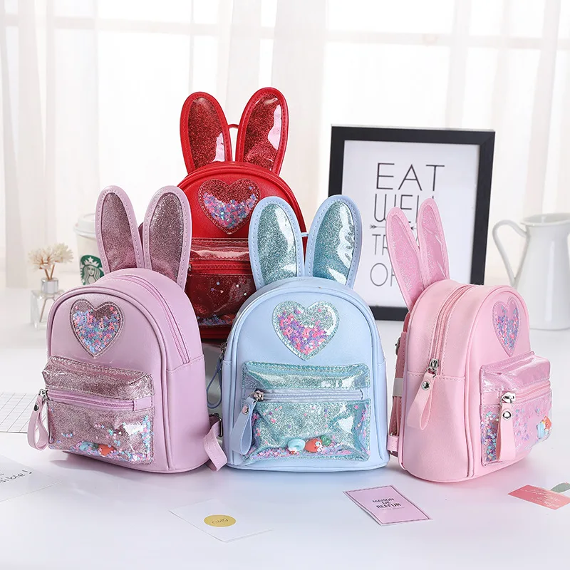 Fashion Sequin Children's School Bags Cute Rabbit Ear PU Leather Girls Backpacks Small Bags Kindergarten Schoolbag Waterproof