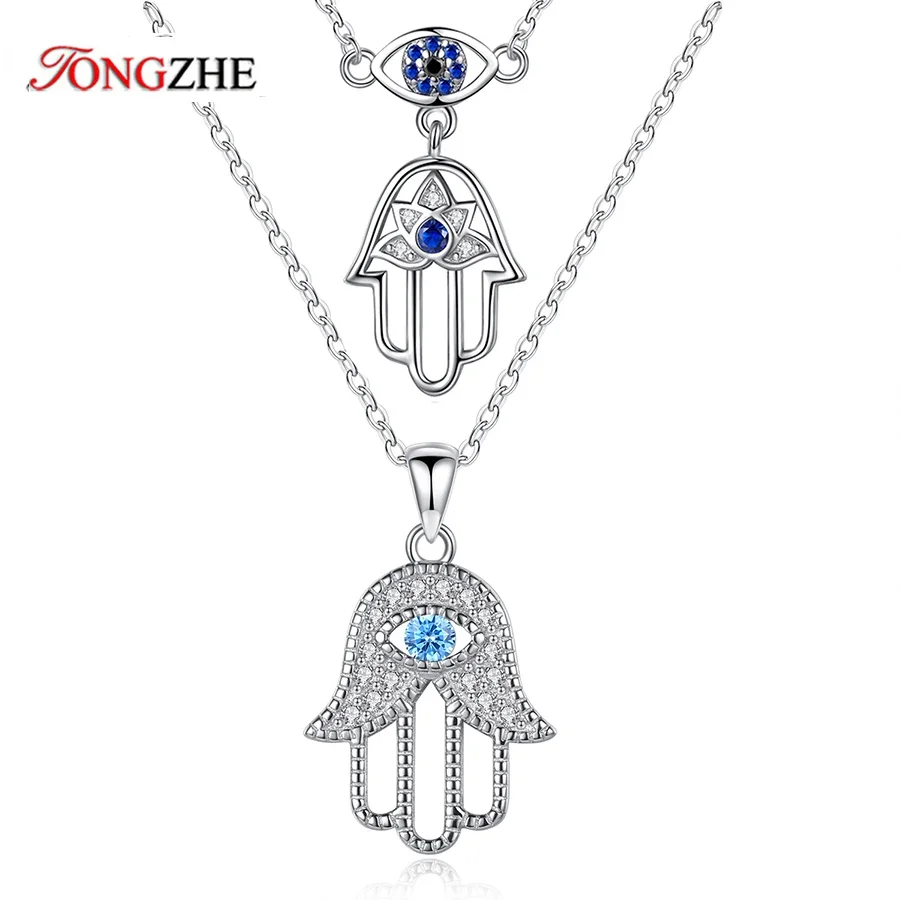 Tongzhe Evil Eye  Hand Hamsa Pendant Necklace Women Crystal 925 Sterling Silver Turkish Jewelry Hollow Out Clavicle Link Chain