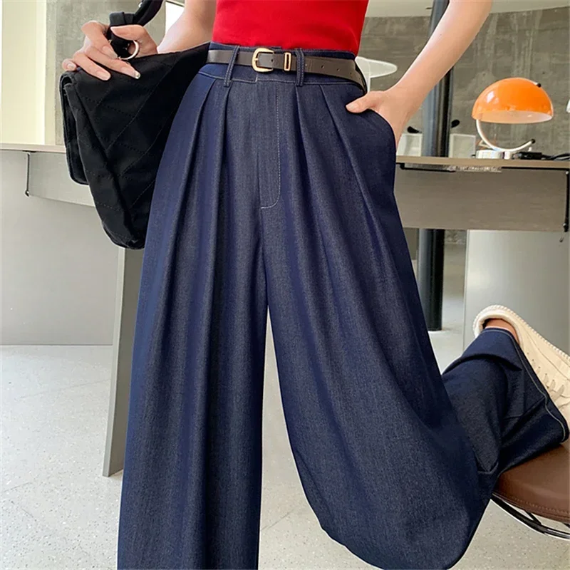 

Spring Summer Women's Wide Leg Denim Pants with Belted 2024 New High Waist Solid Casual Loose Trousers Pockets Female
