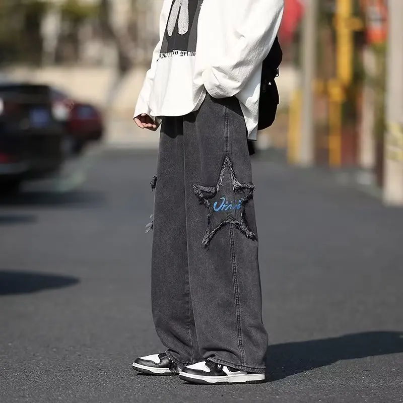 

Japanese Men Fashionable Jeans with Patchwork Printing Retro Vintage Washed Water Work Pants Spring Autumn New Style Cargo Pants