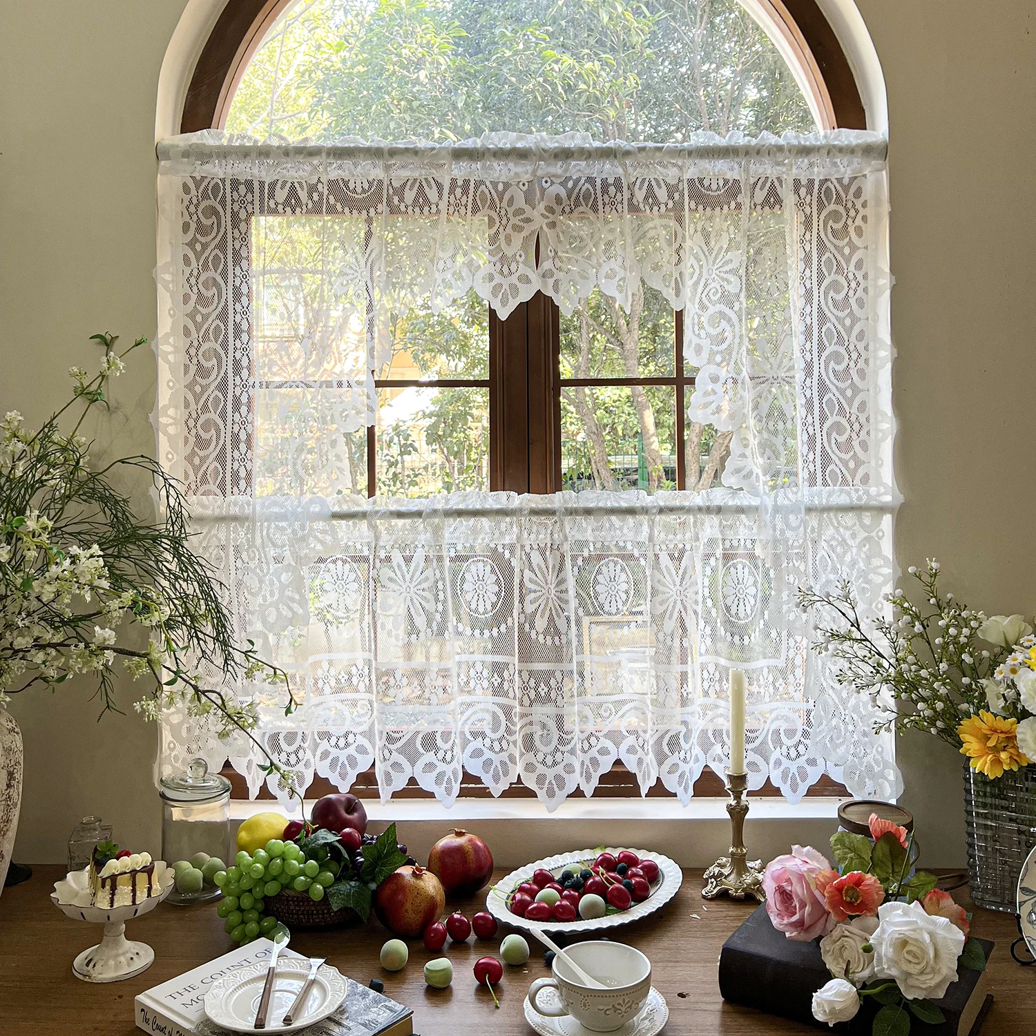 

3 Piece Set White Lace Mesh Curtains, Floral Wave Valance Curtains for Kitchen French Country Decor Window Panels Curtain Sets