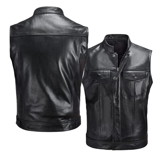 Imagen 2 del producto Chaleco de piel sintética para hombre, chaleco clásico de cuero con cuello levantado para motociclista, ropa elegante, Otoño e Invierno