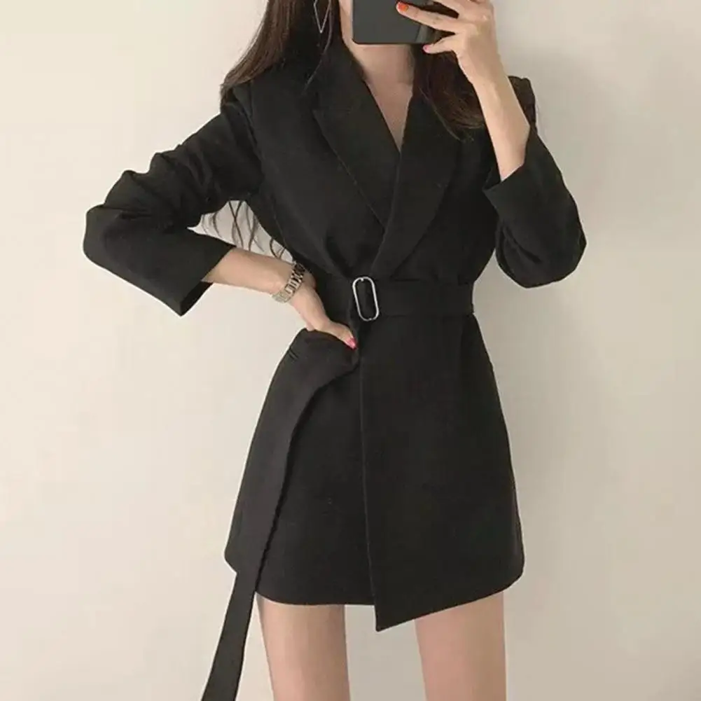 

Comfortable Women Suit Jacket Elegant Lapel Suit Coat For Women With Belt Long Sleeve Office Lady Outwear Solid Color Loose Fit