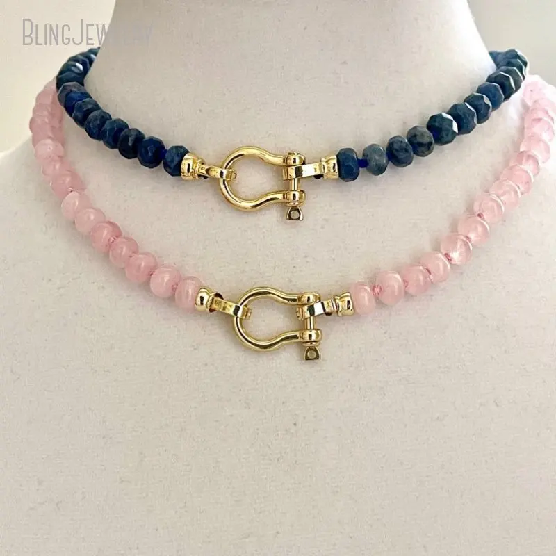 

10PCS Lapis Lazuli Rose Quartz Hand Knot Necklace Gold Color Shackle Clasp Natural Gemstone Beads Gift