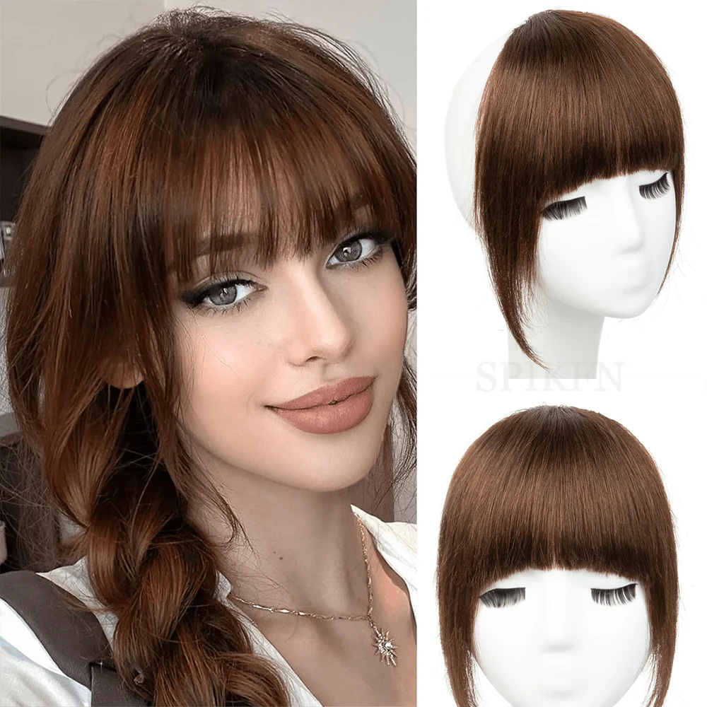 

Medium Brown 3D Blunt Cut Clip-In Bangs Human Hair Pieces Natural Staight Hair Bangs Clips in Fringe Bangs Hairpiece for Women