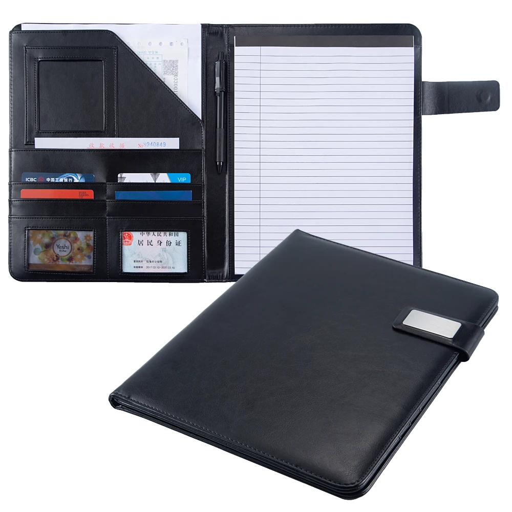 Multifunction Folder A4 Black Business PU Leather Padfolio Portfolio With Magnetic Snap Closure