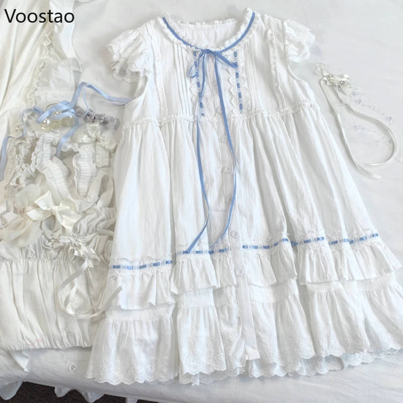 Sweet Lolita Style Mini Dress Women Japanese Kawaii Cotton Lace Ruffle Flying Sleeve White Dress Korean Elegant Princess Dresses