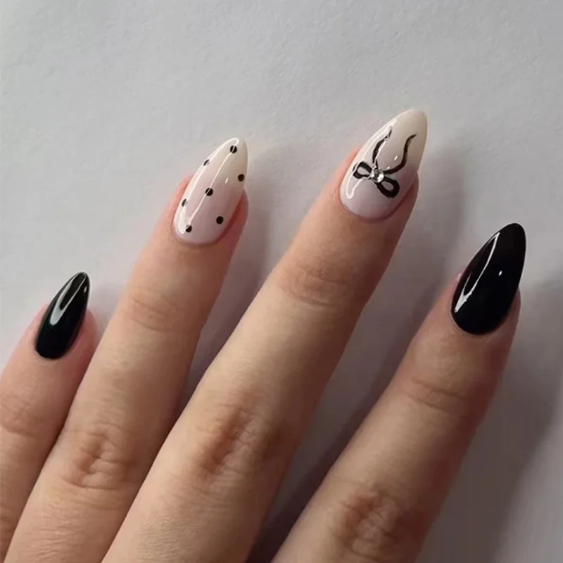 

24Pcs Simple Black Polka Dot Full Cover Nails Tips Art Mid-length Almond Fake Nails Bow Rhinestone Wearable Press on False Nails