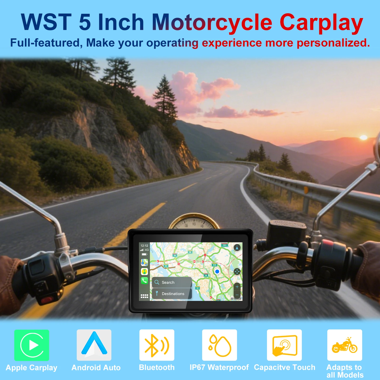 Pantalla de navegación portátil para motocicleta de 5 pulgadas, inalámbrica, CarPlay, GPS, Moto, Android, Monitor automático, resistente al agua