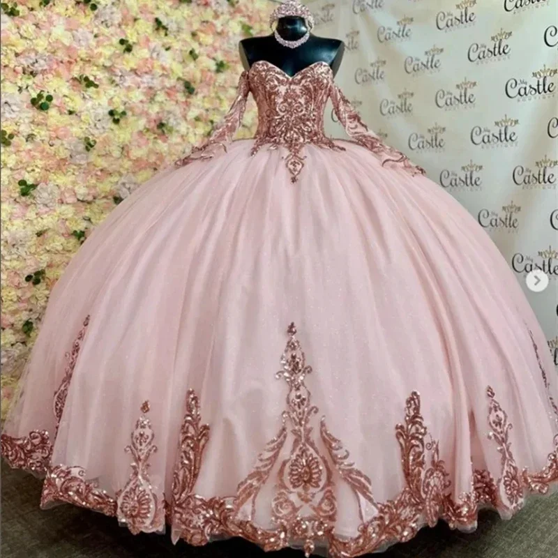 

Fashion Pink Long Sleeves Quinceanera Dresses Vestidos De 15 Anos Party Sweetheart Sparkly Sequined Princess Birthday Ball Gown