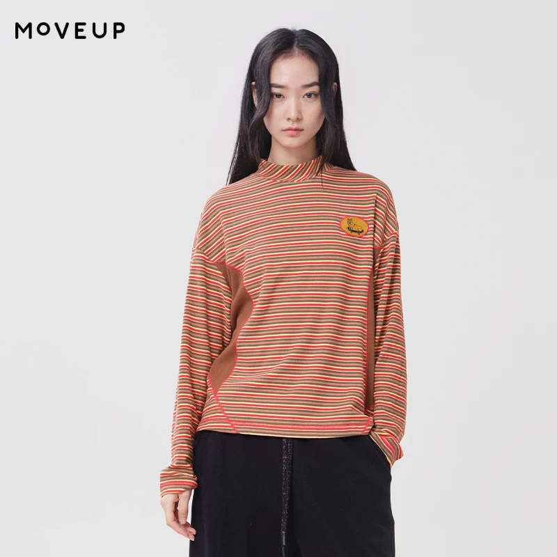 MOVEUP Women's Cropped T-shirt FUN Series Mock Neck Striped Embroidery Patch Long Sleeve Tops 2026 Winter Cozy Clothes 3ELD10523