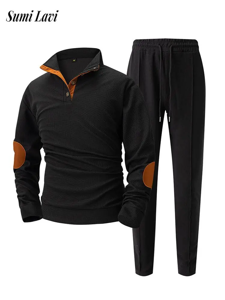 

Новые повседневные мужские вафельные костюмы из двух предметов, весенне-осенние повседневные толстовки и брюки с воротником-стойкой для отдыха, комплекты мужской одежды