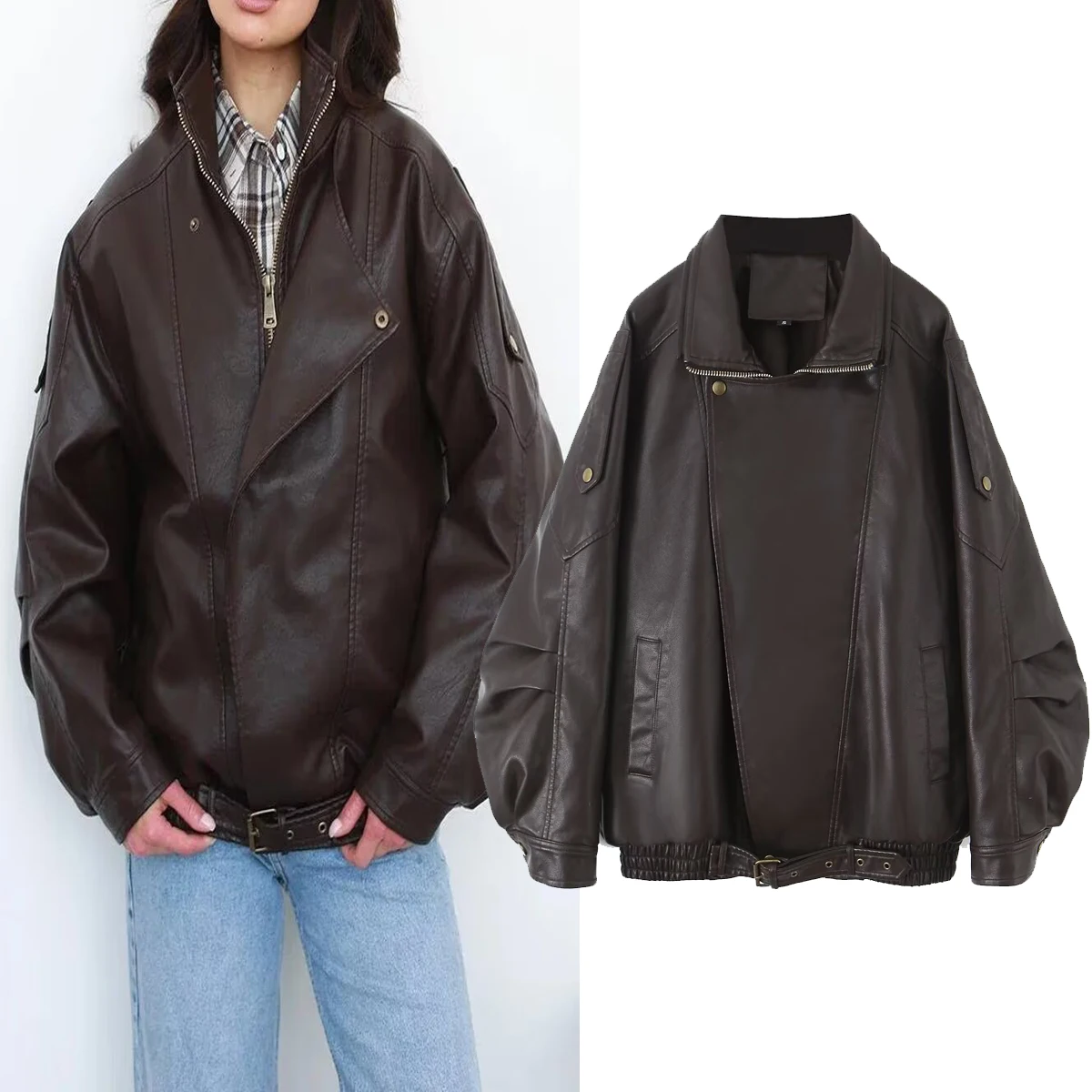 Jaqueta Fena de Couro PU Solta com Gola Dupla e Zíper Duplo, Estilo Faion H2478 WMDR, Casaco F Versátil
