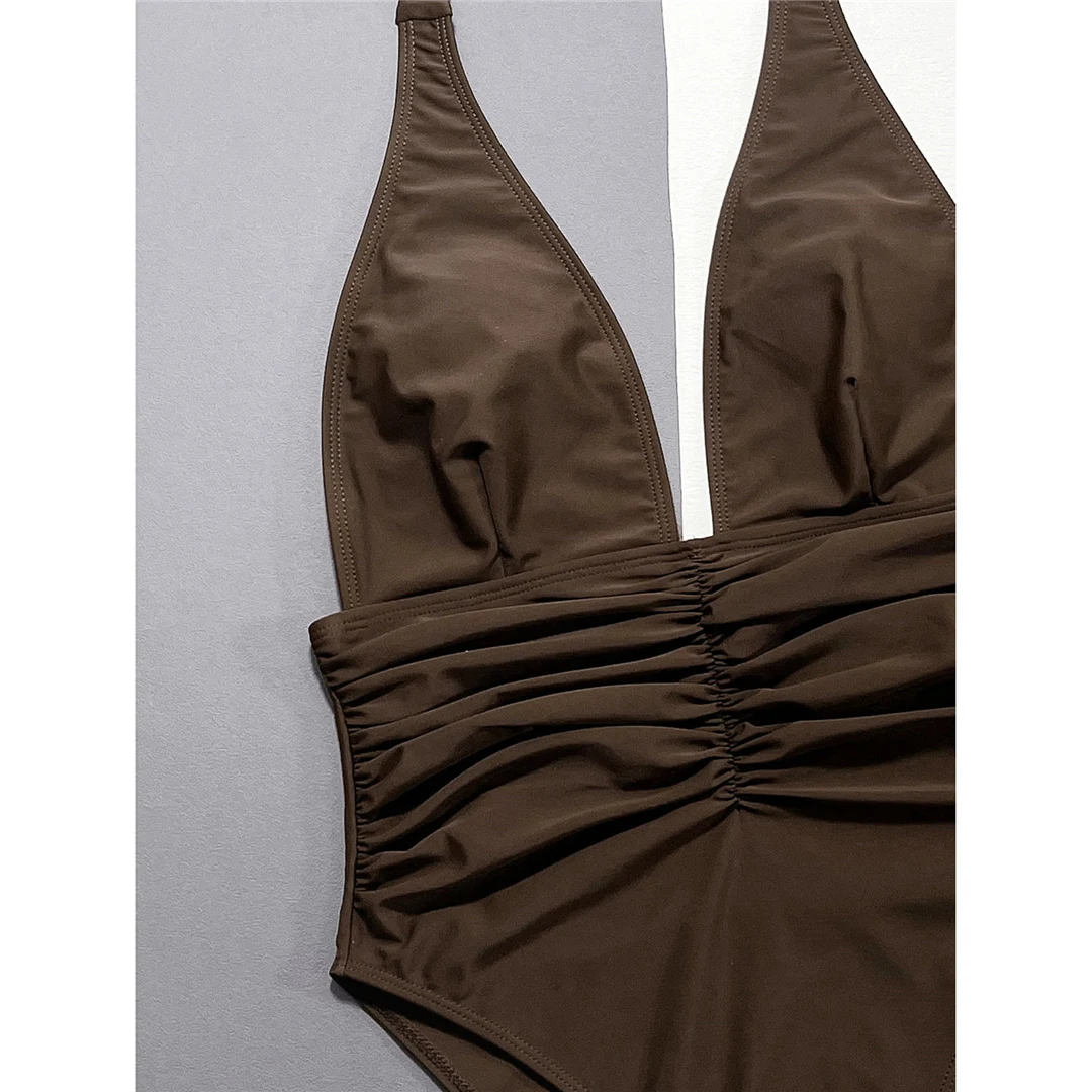Sexy Badeanzug mit tiefem V-Ausschnitt und Neckholder, geraffter Einteiler, Damen-Bademode, Monokini mit hohem Beinausschnitt, Badeanzug, Badebekleidung, Modell V5538 – Detail 17