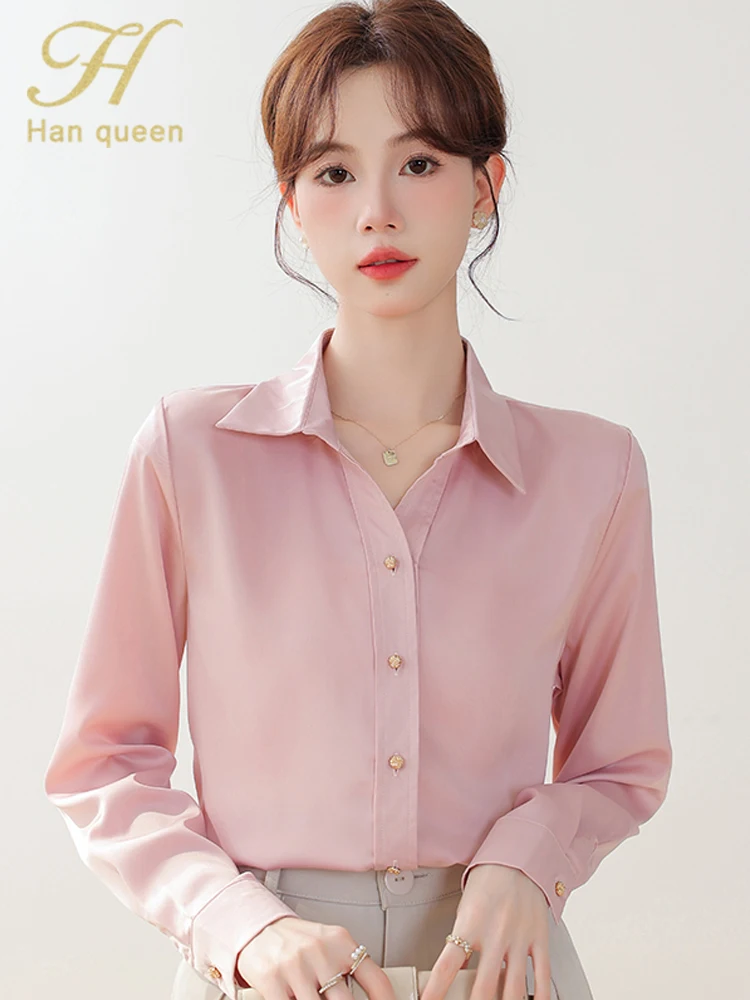 

H Han Queen Korean Autumn Women's Clothing Vintage Tops Chiffon Long Sleeve Casual Blouse Simple Basic Wear Office Shirts 2025