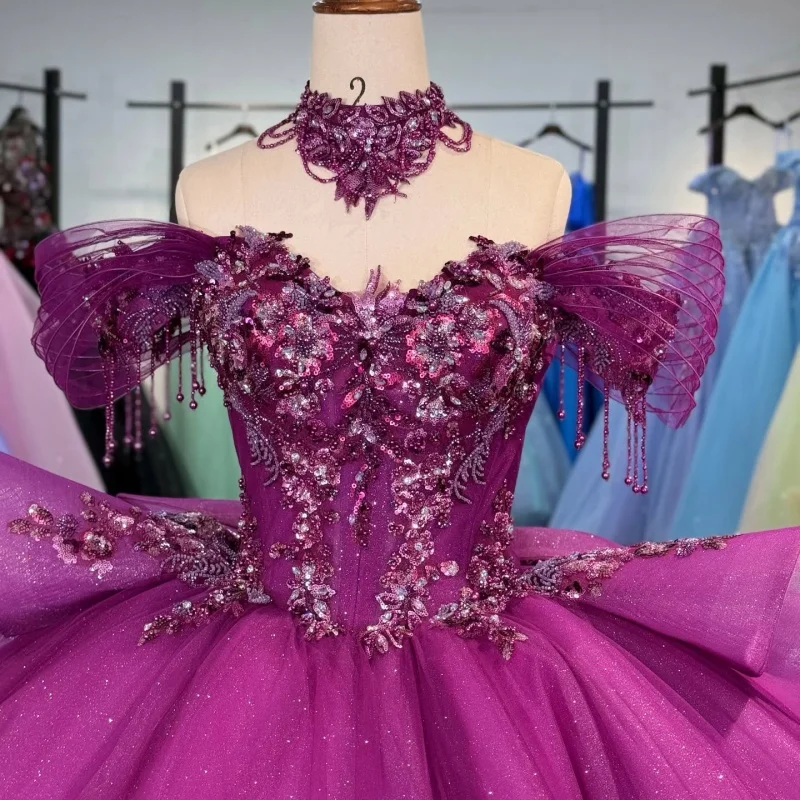 Rosa vermelha brilhante fora do ombro vestidos quinceanera lantejoulas apliques rendas miçangas tull festa de aniversário doce 16 vestido vestidos 15 de