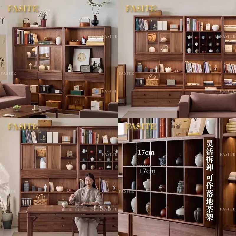 For New Chinese Style Black Walnut Solid Wood Card Holder Bookcase Integrated Whole Wall Living Room Combination Bookshelf