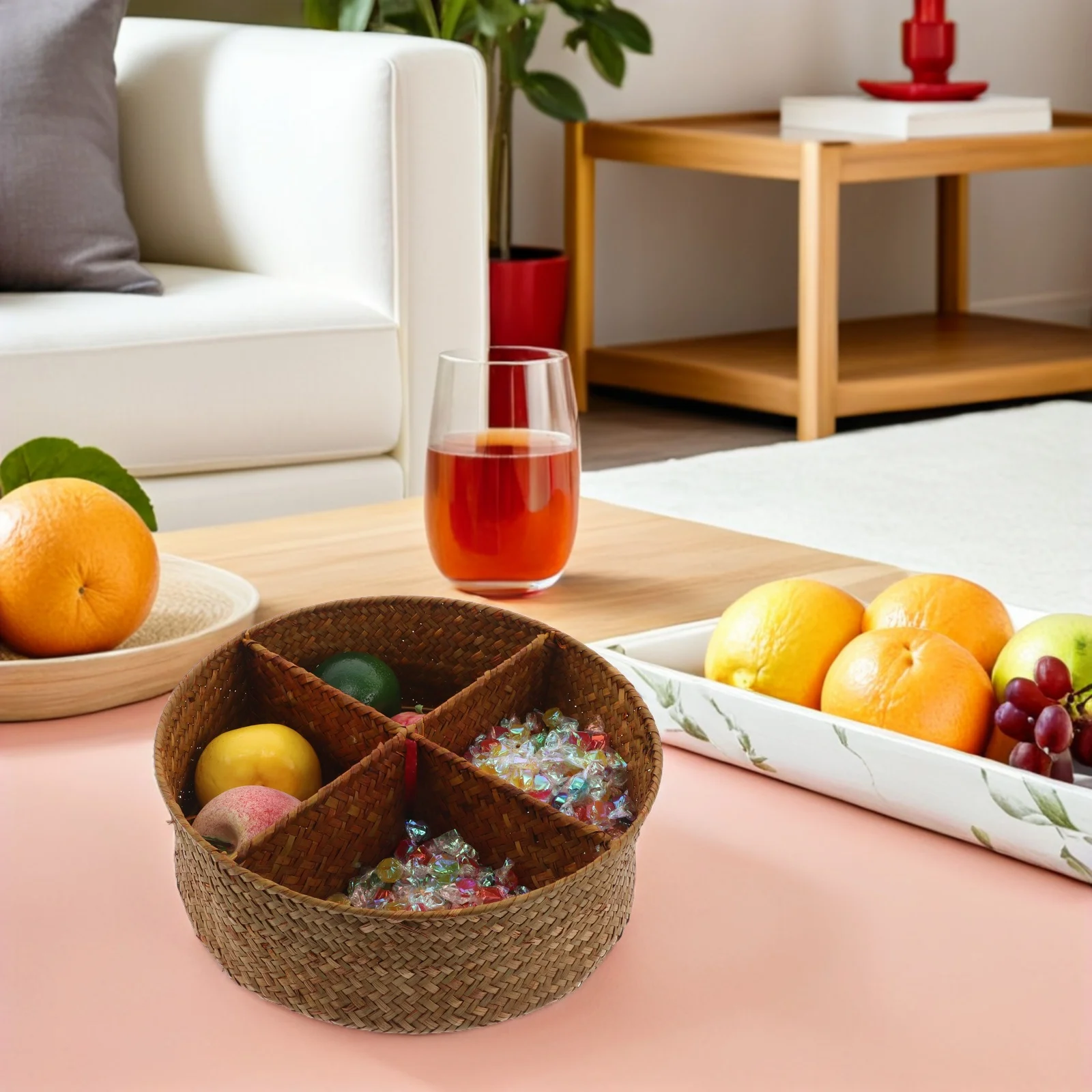 

Round Rattan Basket Tray With Lid Handwoven Desktop Storage Box For Kitchen Fruits Snacks Bread Organizer Woven Fruit Basket For