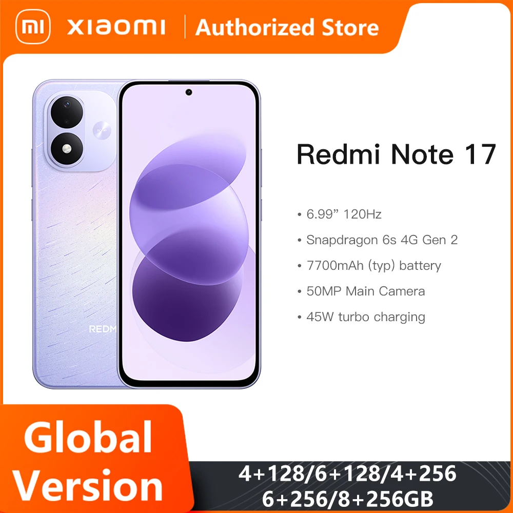 Xiaomi Global Version Redmi Note 17 4G Smartphone 120Hz 6.99" Display 128GB / 256GB ROM 7700mAh 45W 50MP Snapdragon® 6s 4G Gen 2