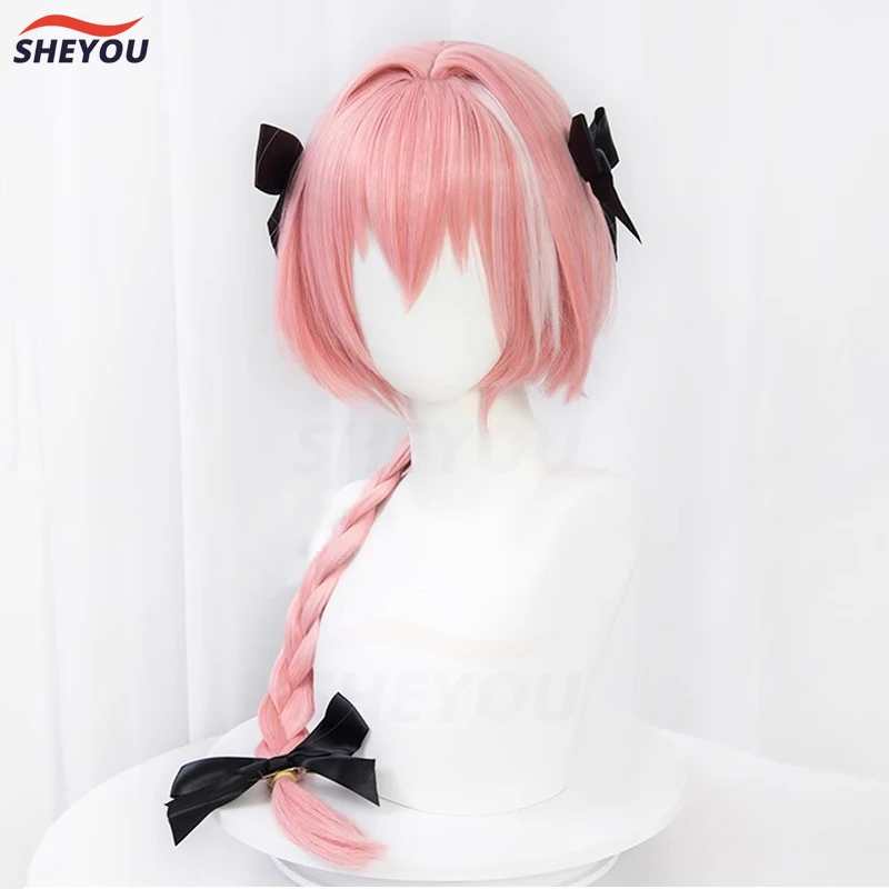 Astolfo-Long Pink Mixed Braid peruca de cabelo sintético resistente ao calor e boné, Game Fate Cosplay Perucas, Halloween Party