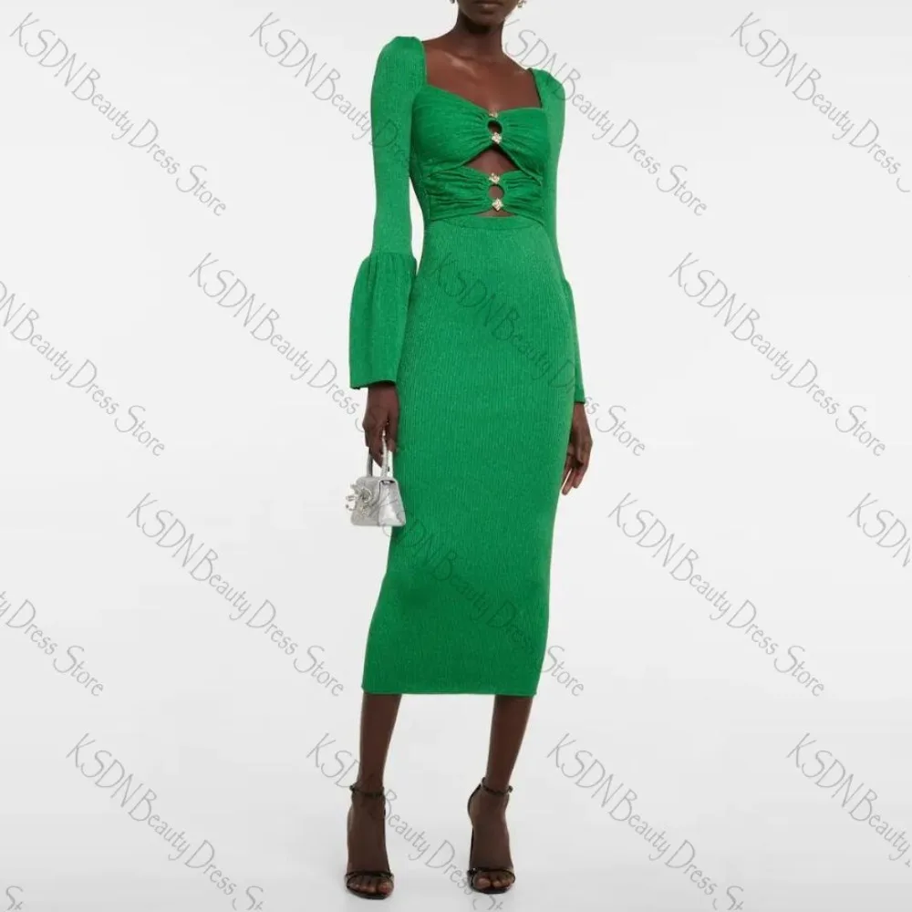 

Green Women Dresses Chic Flare Sleeves Sweetheart Neck Sheath Gowns Fashion Mid-Calf Length Daily Casual Slim Party Dresses