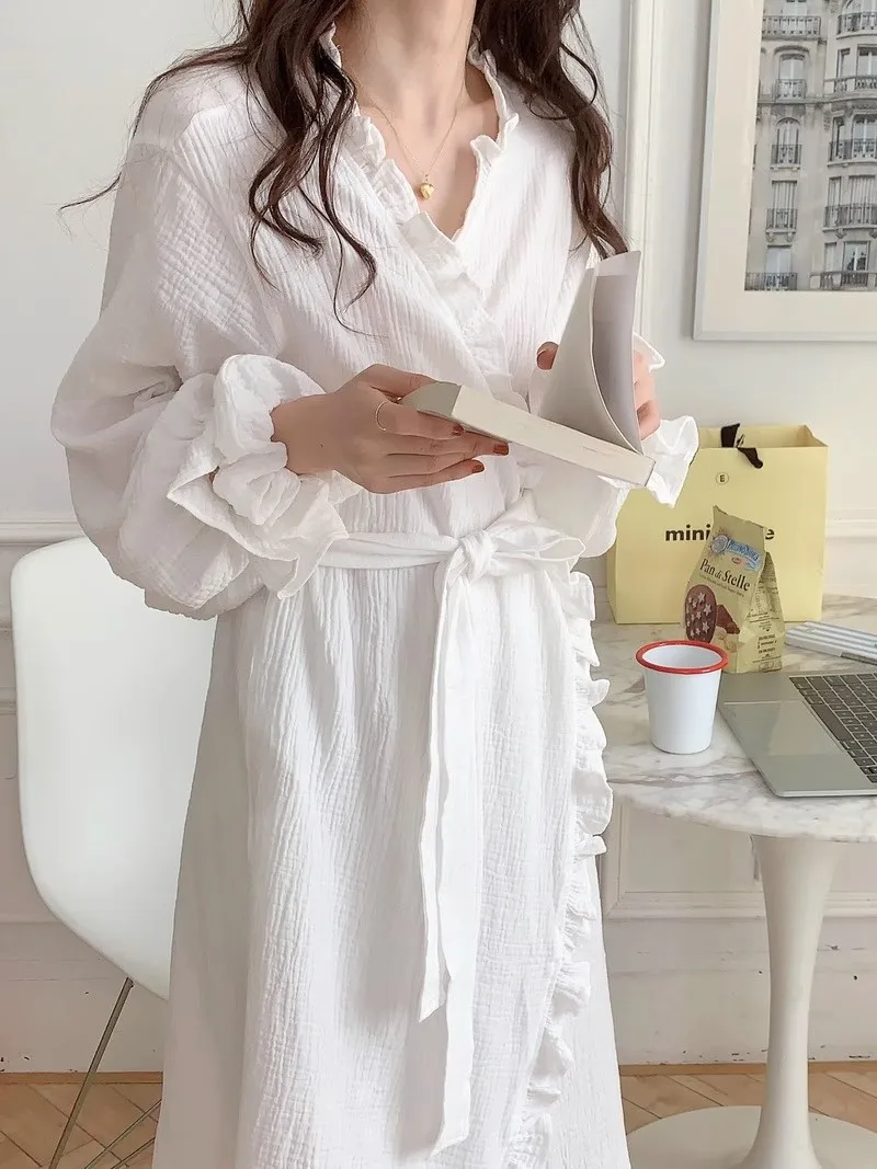 Women Robe Ruffles Sleepwear V-Neck Bathrobe Kimono Robes with Belt Korean Night Dress Bridesmaid Dressing One Piece Pajamas