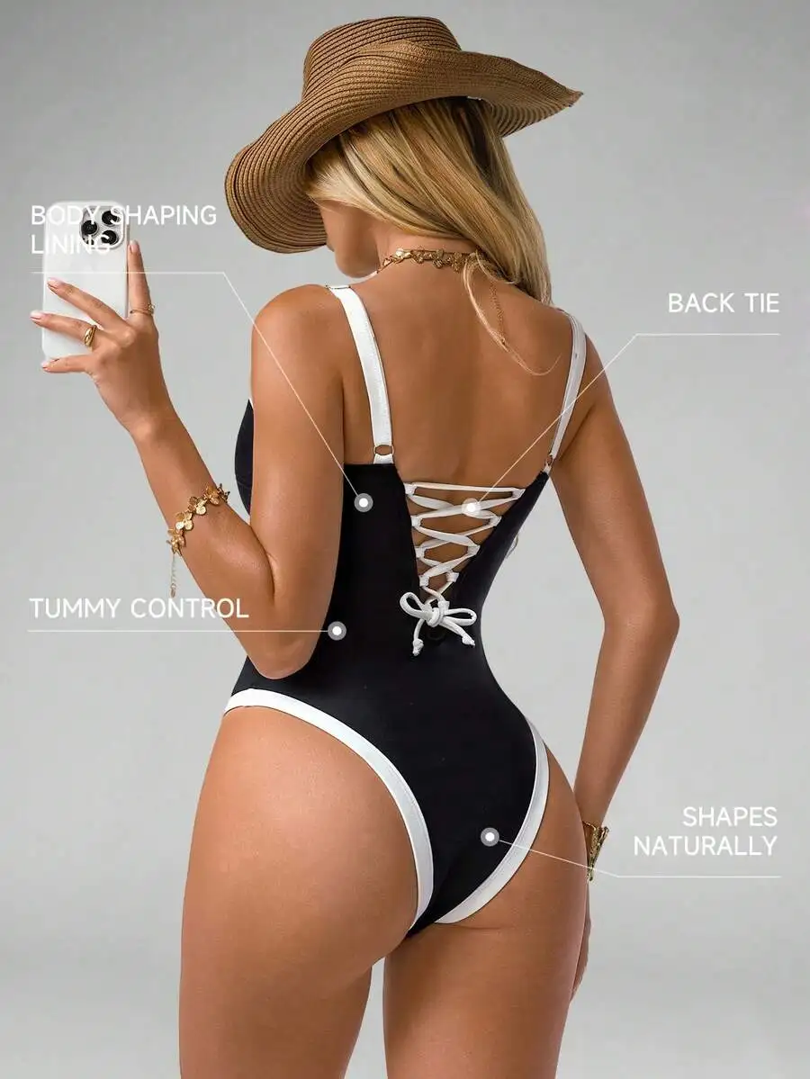 

Black White One Piece Swimsuit With Lace-Up Back Tummy Control Slimming Bodysuit For Women