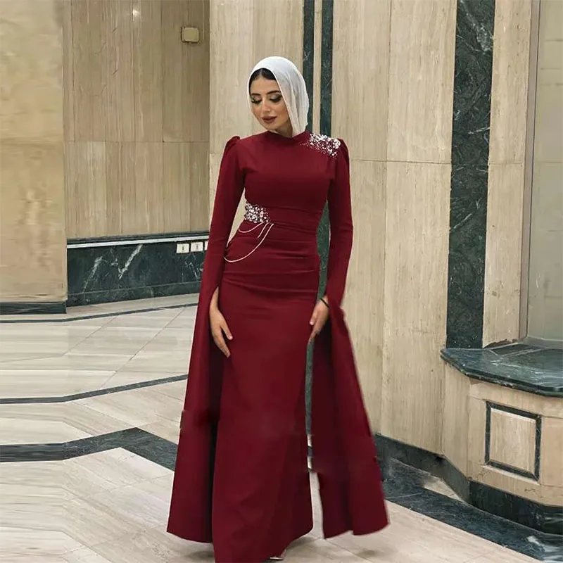 Burgundy Sheath Muslim Prom Dresses O Neck Long Sleeve Formal Party Gown  Arabic Dubai Floor Length Vestidos De Fiesta