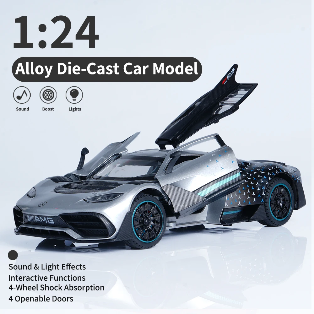 Modello di supercar in lega grigia 1:24 con suono e luce, tirare indietro, tre porte, coda sollevabile, sterzo ruota anteriore, ammortizzatore a quattro ruote, giocattolo per ragazzo