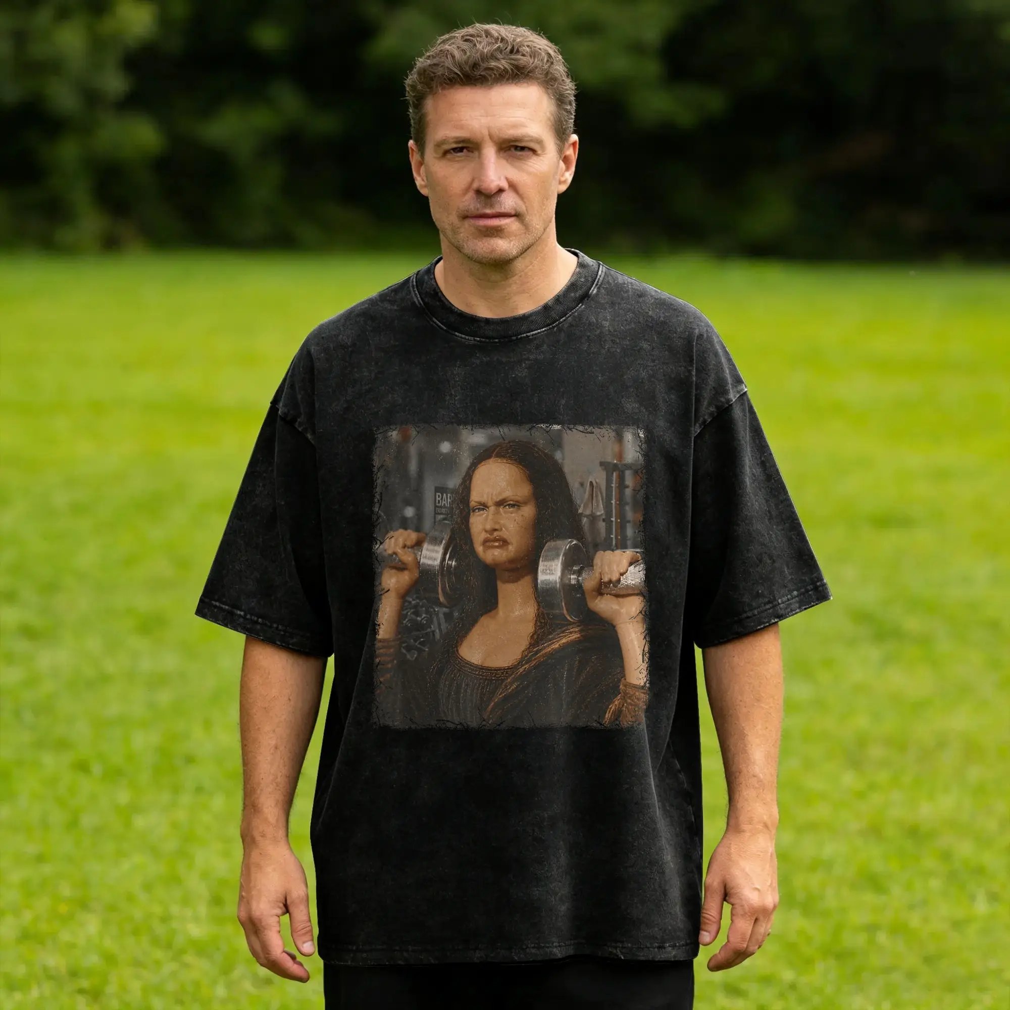 Funny Mona Lisa in a Retro Disgusting Gym Meme  T-Shirt for Men  Leisure 100% Cotton Tee Shirt Crew Neck Short Sleeve T Shirt