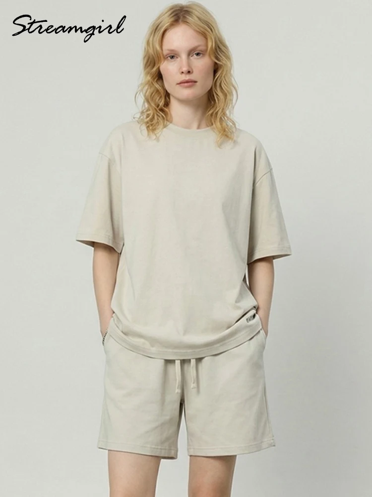 Комплекты шорт и футболок Off-white: летние женские костюмы, шорты и футболки оверсайз из хлопка, комплекты из двух предметов, женские комплекты футболок