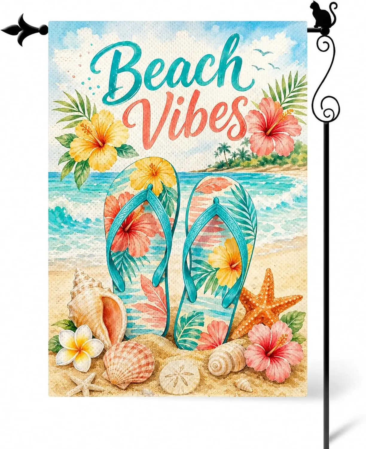 Beach Vibes Flip Flops Garden Flag, Double Sided Coastal Outdoor Yard Flag, 12 x 18 Inch Burlap Seasonal Porch Patio Lawn De jjp