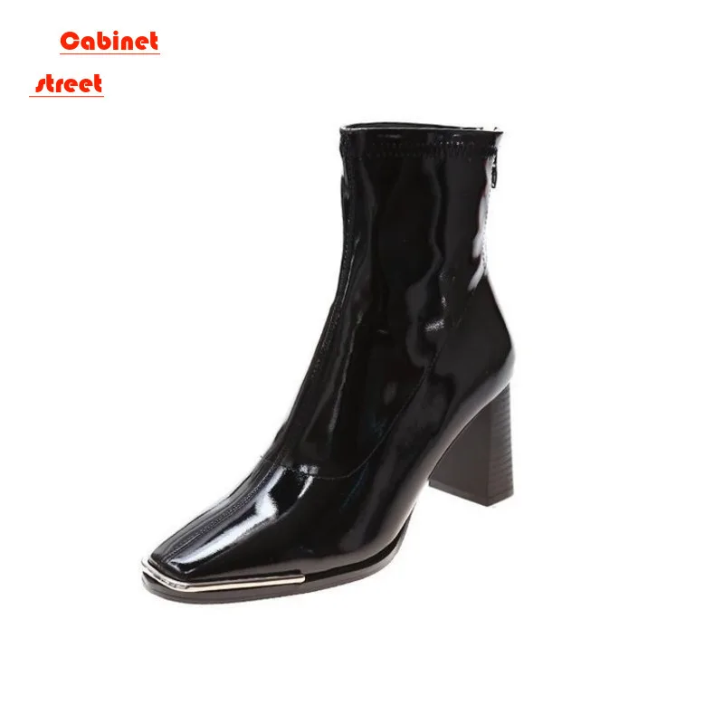 

2024 Leather Elastic Ankle Women Martens Boots Women's Thick Heels Autumn Winter Metal Square Zipper High Snow Shoes Female