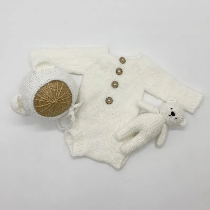 Pelele para fotografía de recién nacido, capó de oso y conjunto de juguetes, disfraz de oso para niñas y niños con muñecas tejidas a mano, trajes de fotografía para recién nacidos