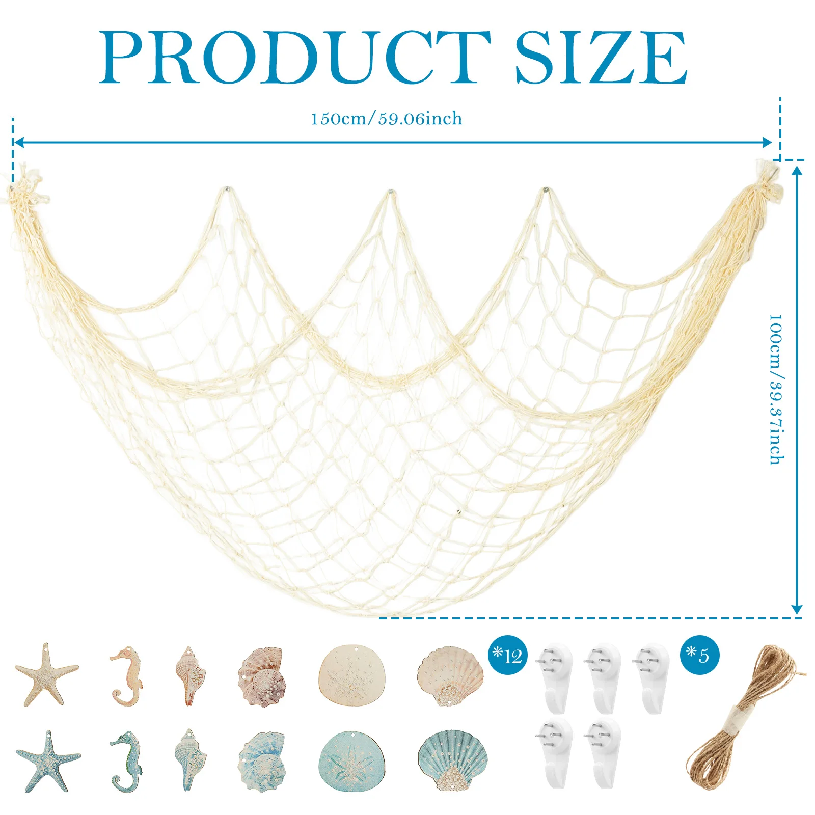 13Pcs Nautical Fishing Net Decor Set with 12 Sea Ornament Mediterranean Coastal Wall Decor for Home Beach Themed Party Bedroom