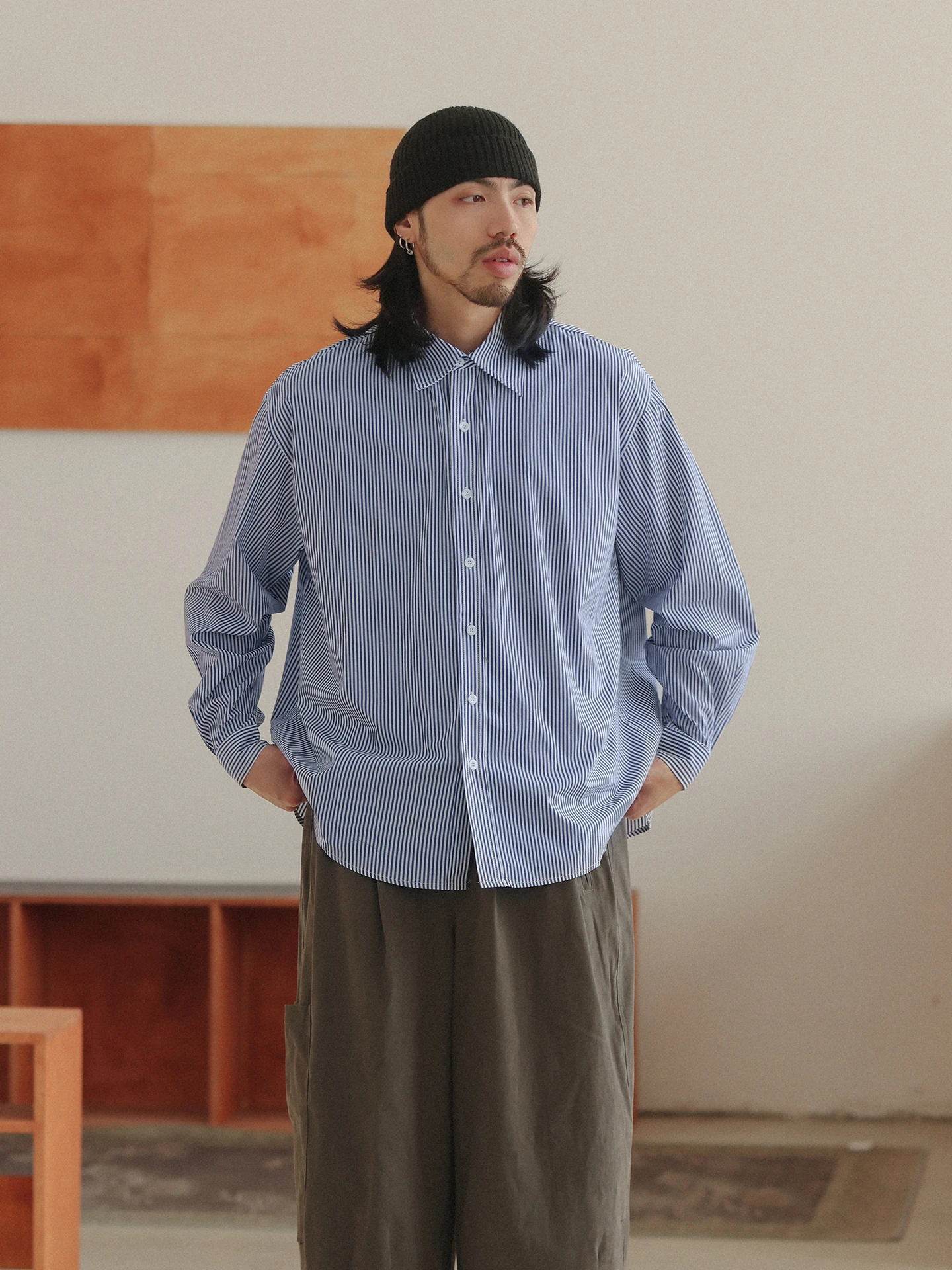 

Noears Spring Autumn Loose oulder Long Sve Casual irt Vertical Stripes Youthful Feel Square Collar Men's Cotton Breath...