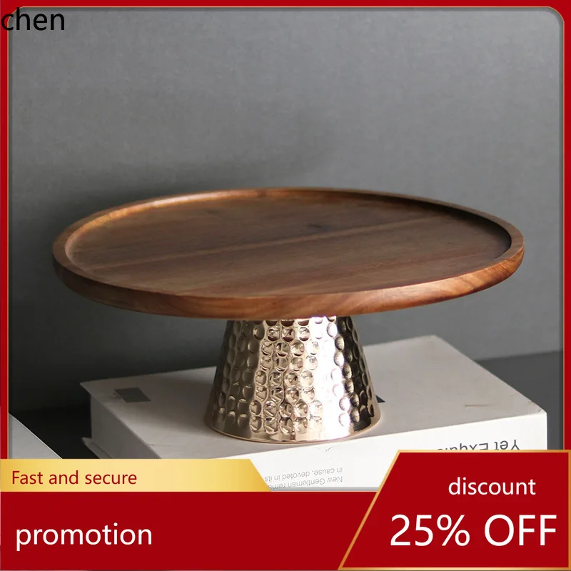 

H1 metal high-footed fruit plate, solid wood tray, dessert table, cake display stand, fruit snack dish decoration