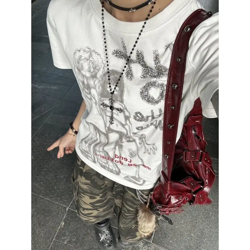 

2025 Trendy American Retro Character Harajuku Style Printed Retro Millennium Short Sleeve Top Summer Loose T-shirt
