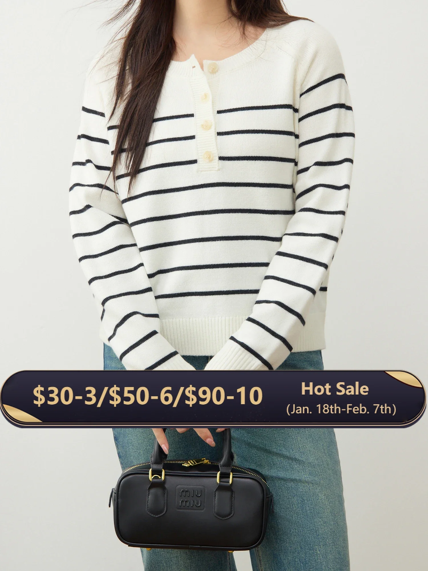 

DUSHU 8.5% Wool Sweater Neckline Three Button Female Black White Stripe Long Sleeve Sweater Casual Round Neck Pullover 24DS84148