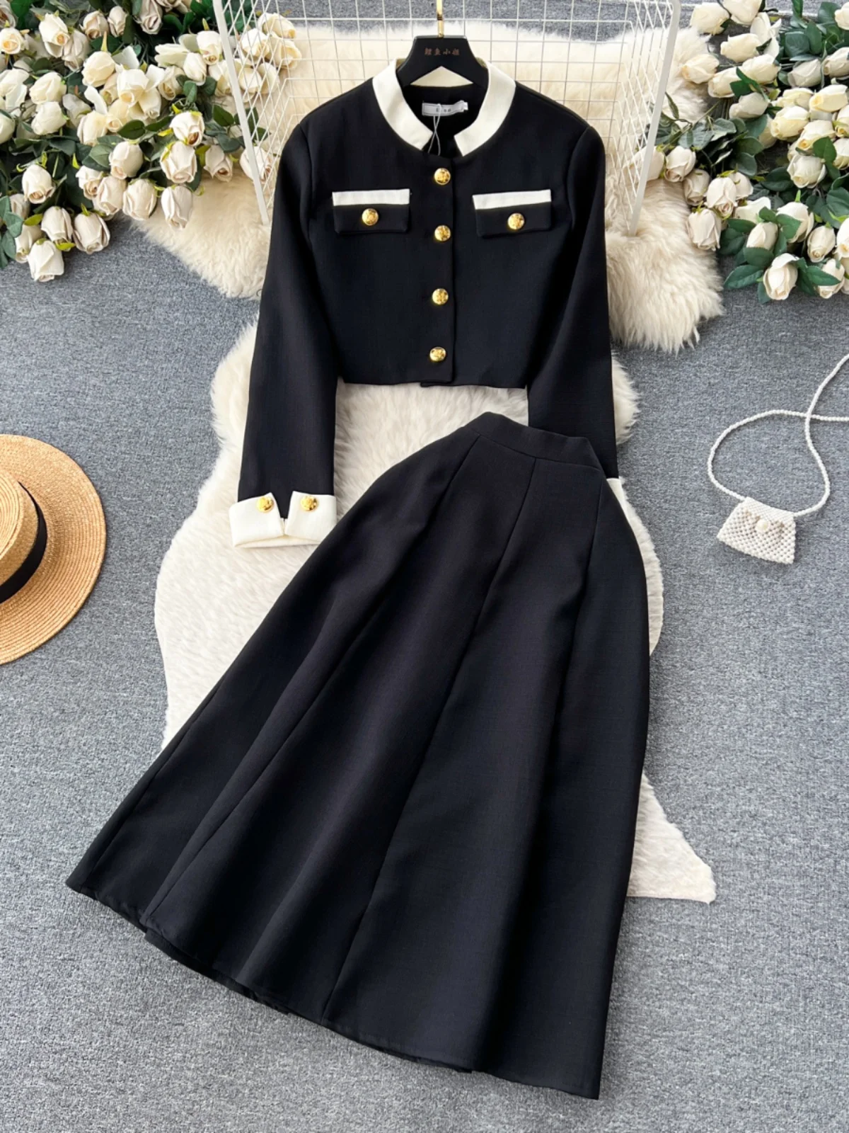 Elegant round Neck Metal Buttoned Suit Jacket And High Waist  Skirt Two Piece Set for Women Fashionable Slimming Look