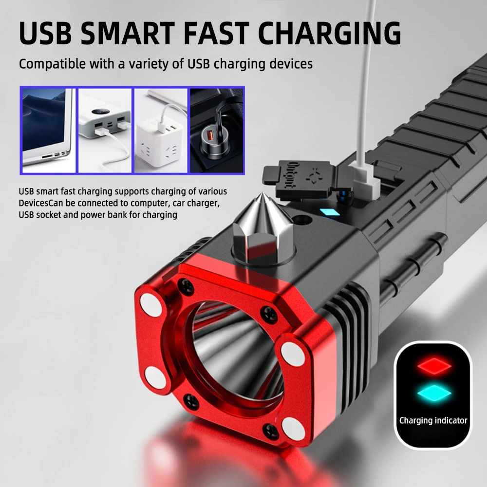 LED Flashlight Multifunctional Super Bright Side Light COB Built-in Battery USB Charging With Magnet Torch Safety Hammer